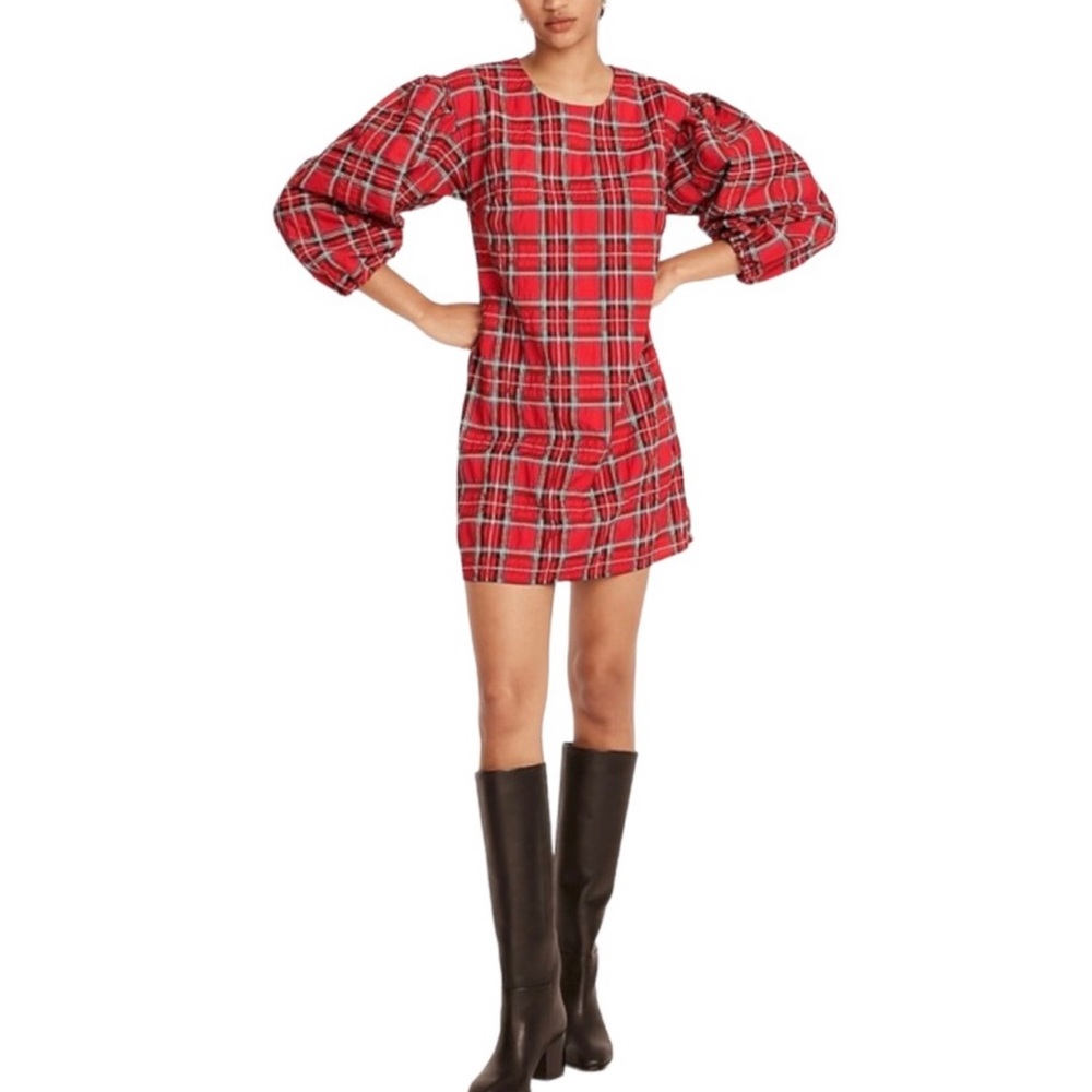 J. Crew Red Plaid Puff Sleeve Mini Dress